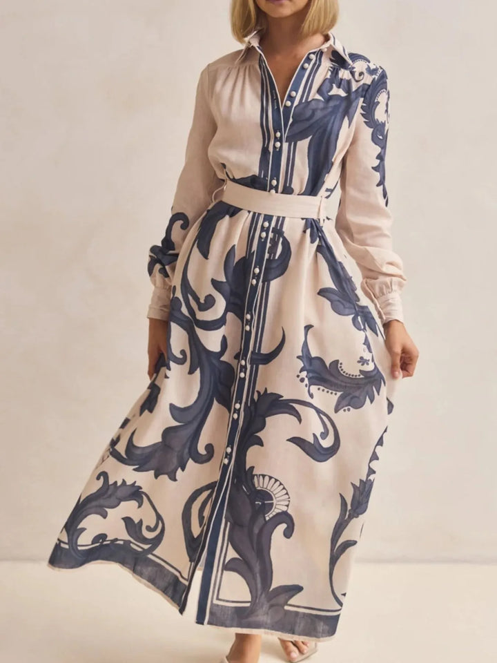 Printed Button Down Belted Shirt Dress