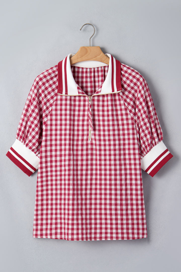 Red Gingham Striped Patchwork Half Zip Blouse
