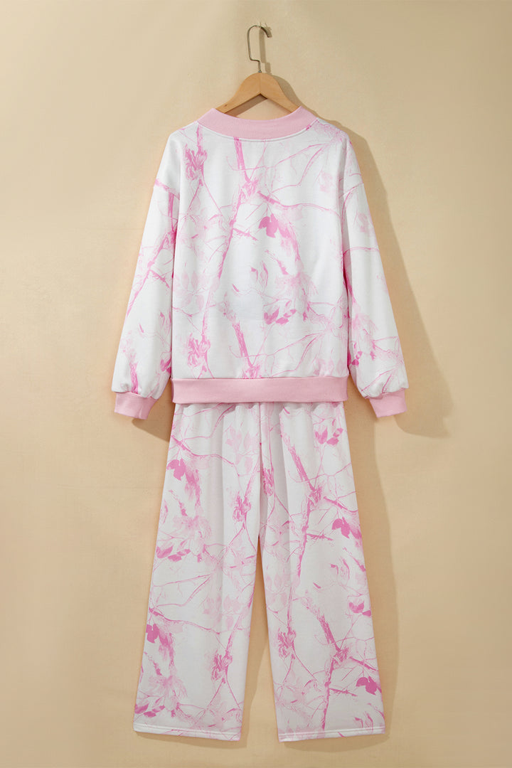 Pink Abstract Plant Print Long Sleeve V Neck Pant Set