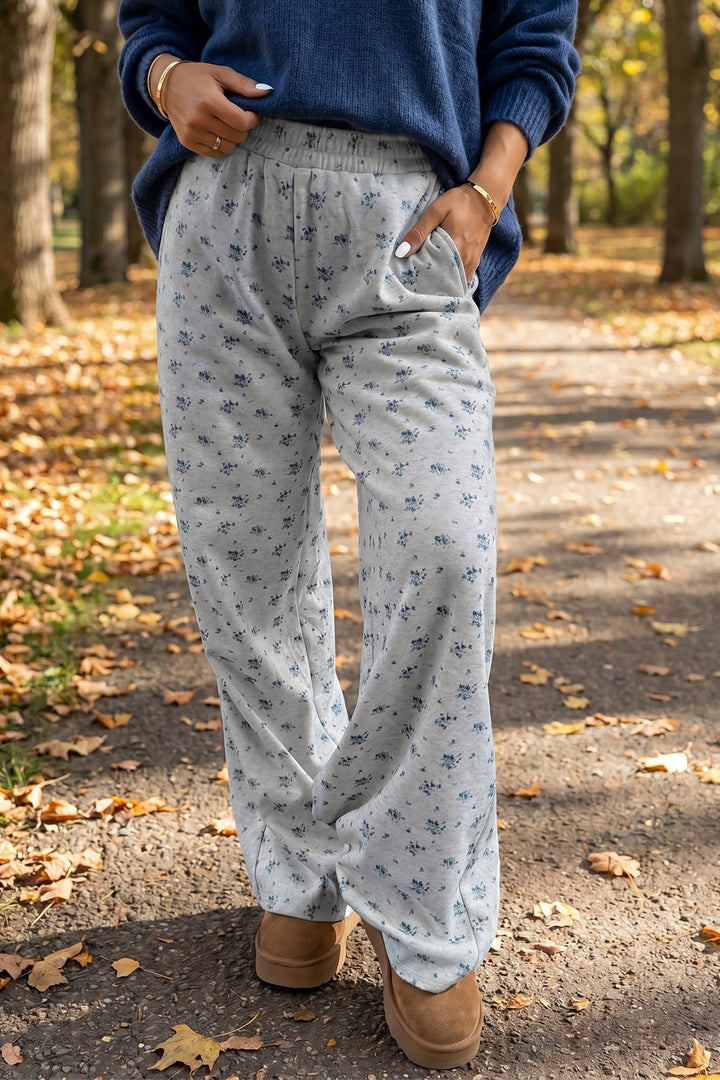 Gray Floral Print Elastic Waist Full Length Regular Pants