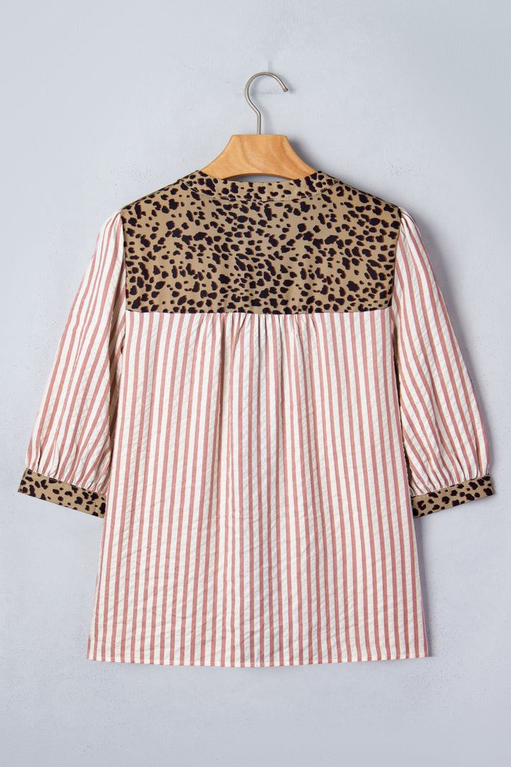 Pink Stripe Leopard Trim V Neck Button Down Half Sleeve Shirt