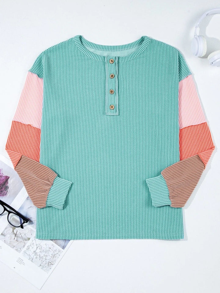 Color Block Ribbed Knit Henley Sweatshirt