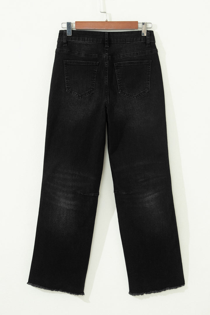 Black Frayed Cropped Straight Jeans