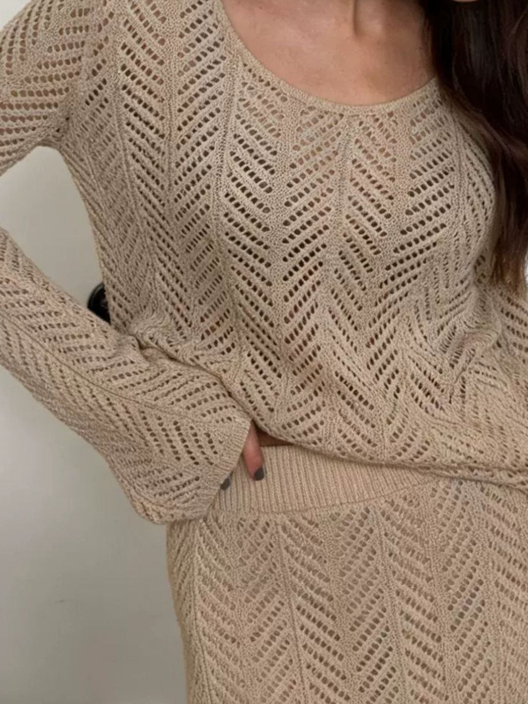 Openwork Long Sleeve Knit Top and Skirt Set