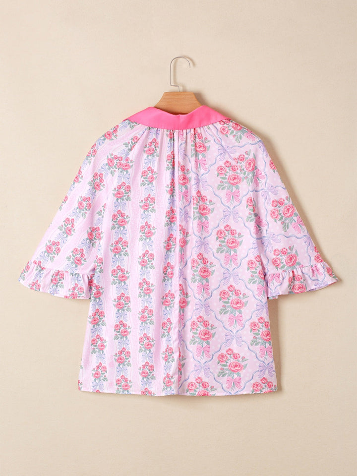 Floral Collared Ruffled Half Sleeve Shirt