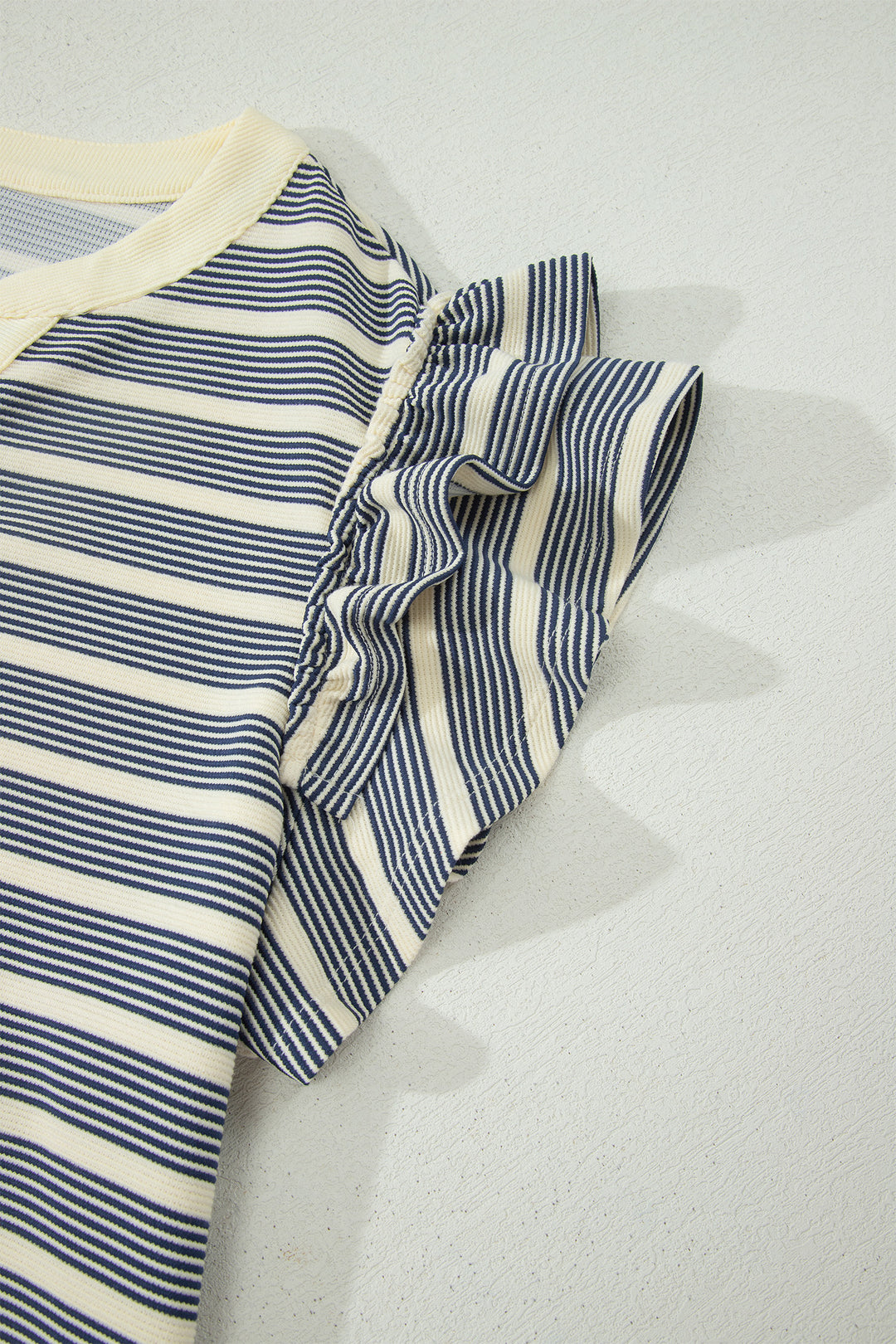 Blue Stripe Plus Size Contrast Trim Button V Neck Ruffle Sleeve Shift Dress
