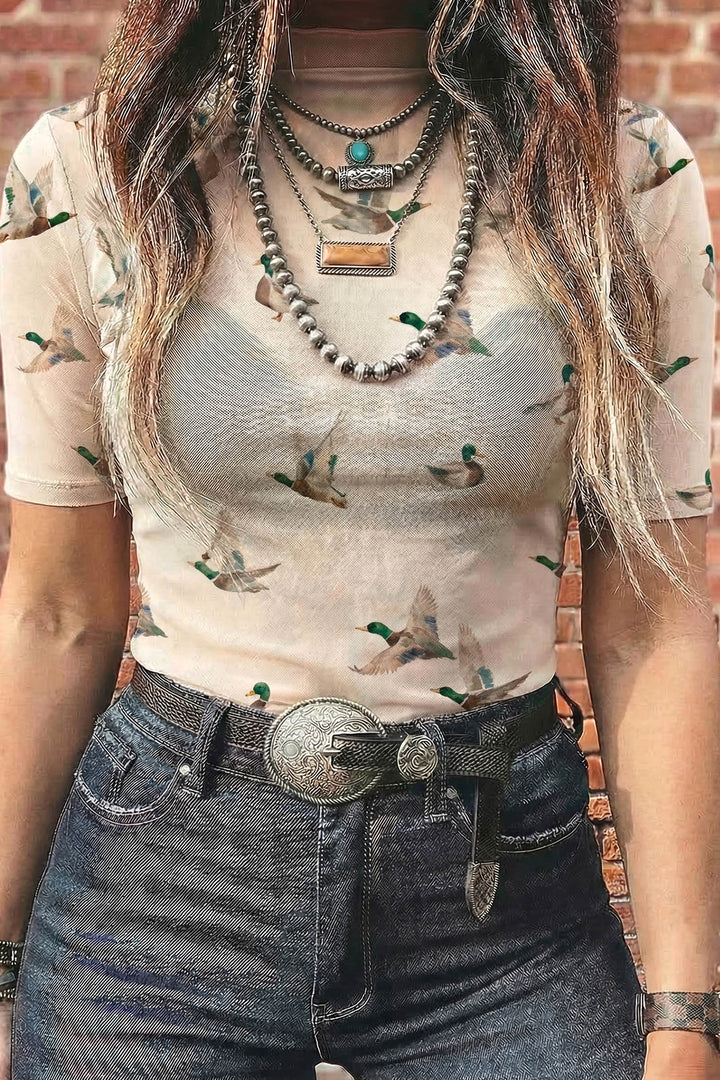 Beige Mallard Sheer Mesh Short Sleeve Top
