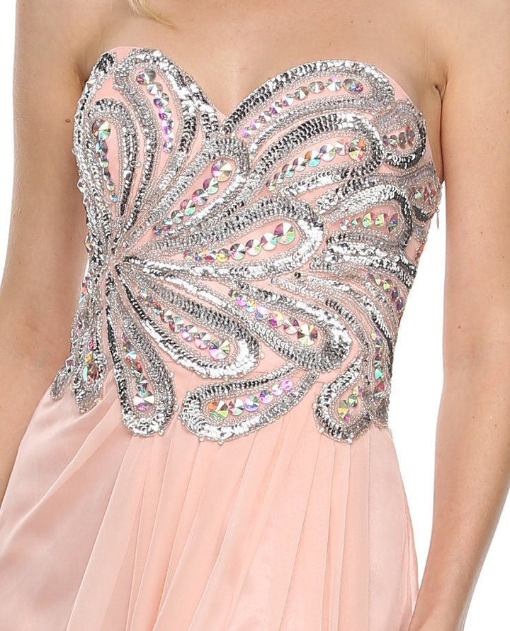 CLEARANCE - Juliet 548 Beaded Bodice Long Strapless Thigh Slit Formal Gown