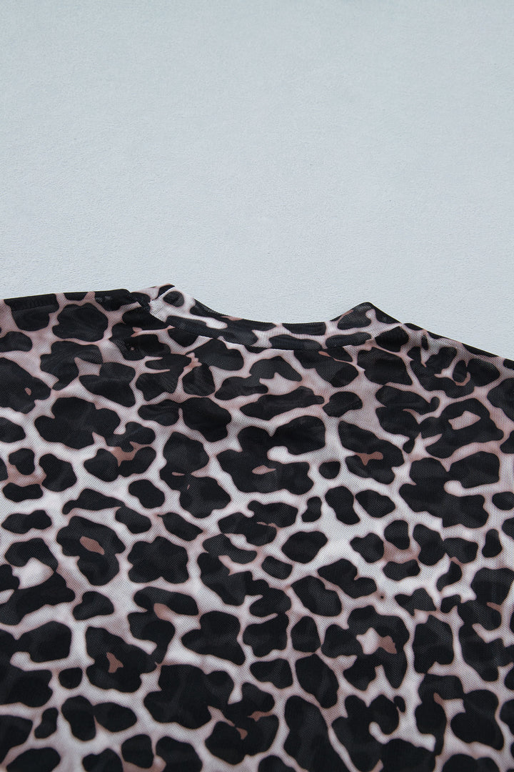 Khaki Leopard Print Sheer Mesh Short Sleeve Top