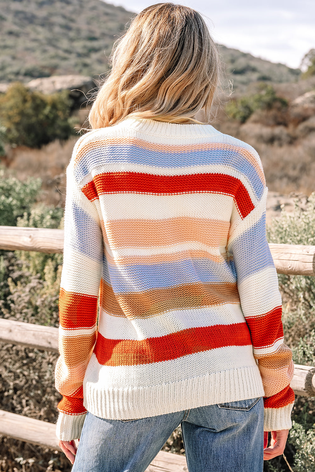 Pink Striped Colorblock Round Neck Drop Shoulder Sweater