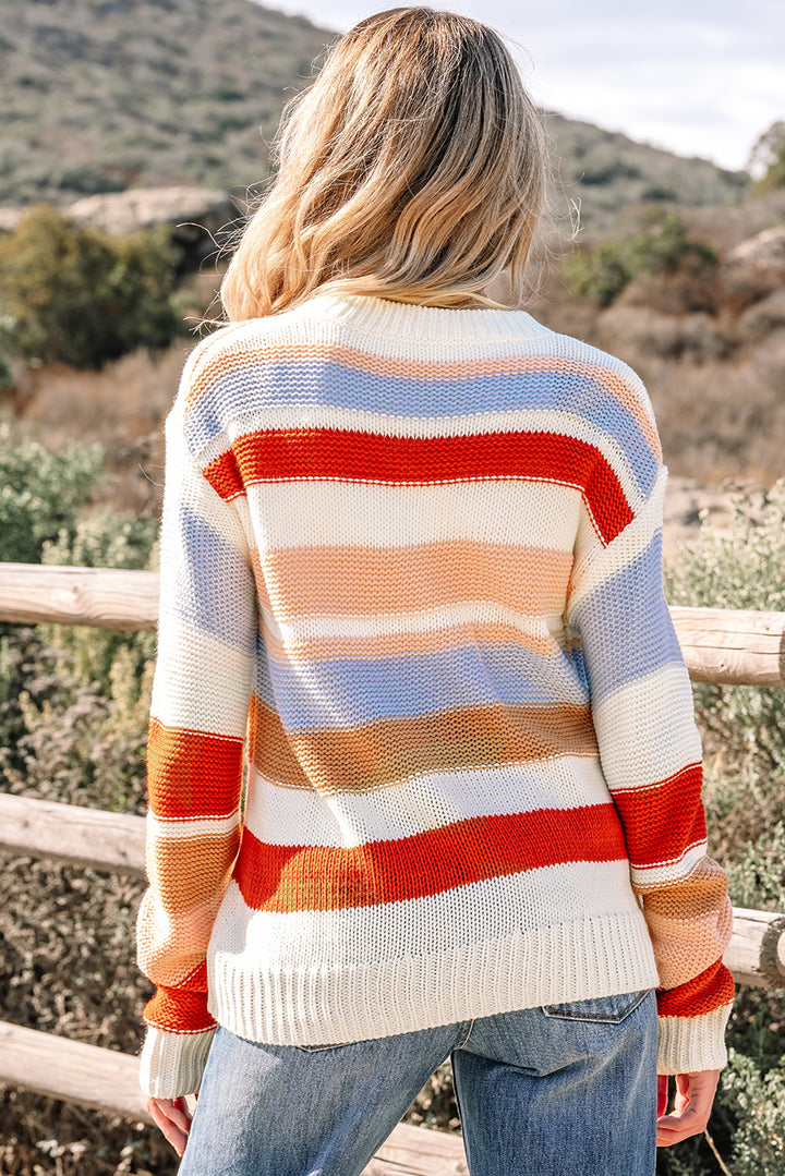 Pink Striped Colorblock Round Neck Drop Shoulder Sweater