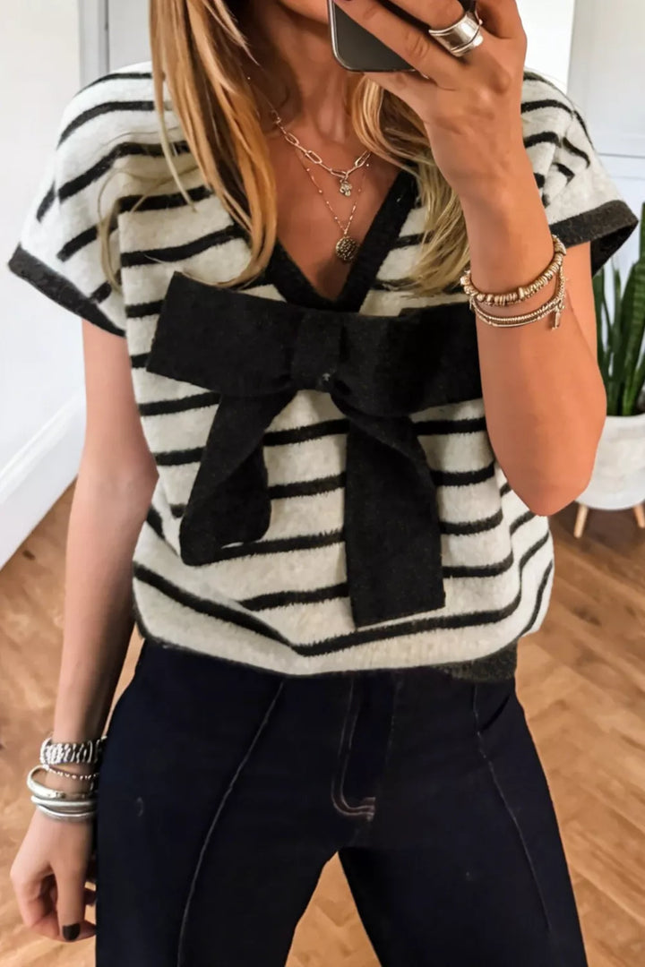 Stripe Bow Applique Short Sleeve Sweater