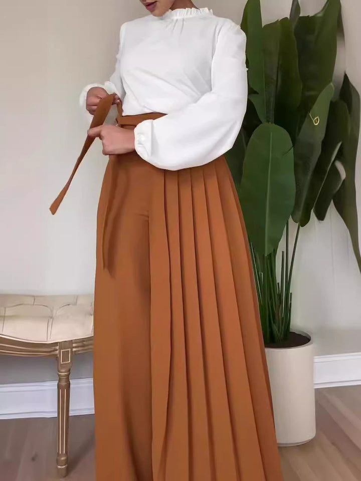 Womens Solid-Color Wide-Leg Pleated Pants With Ties