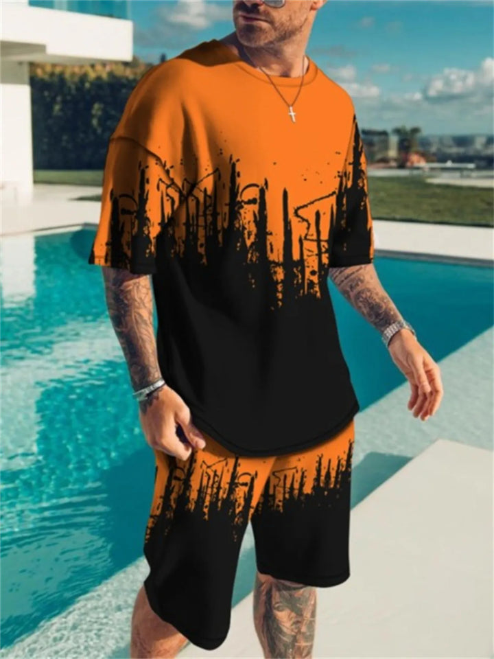 Men's Full Size Contrast Short Sleeve Top and Shorts Set Plus Size