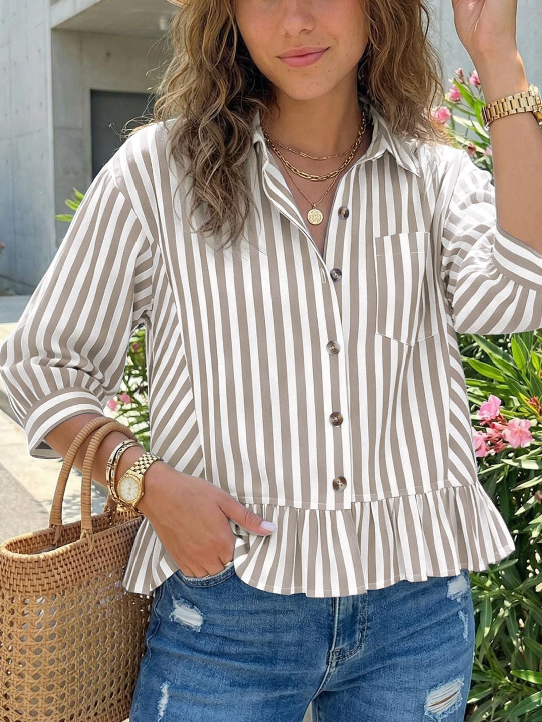 Striped Ruffle Hem Button-Down Shirt