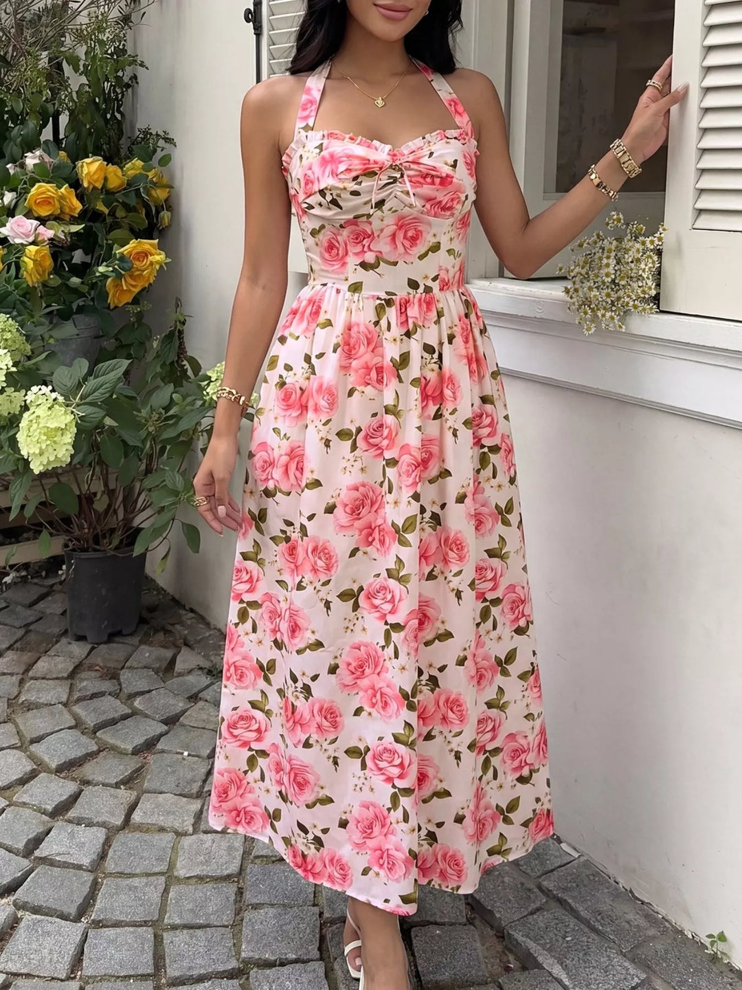 Floral Print Halter Neck Midi Dress