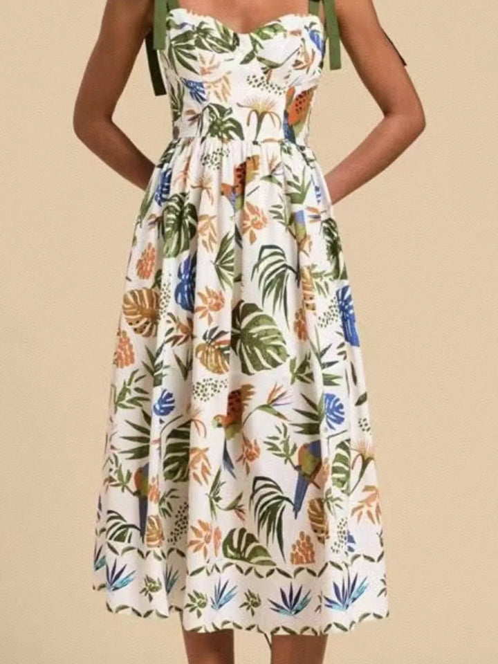 Tropical Print Tie-Shoulder Sweetheart Neck Midi Dress