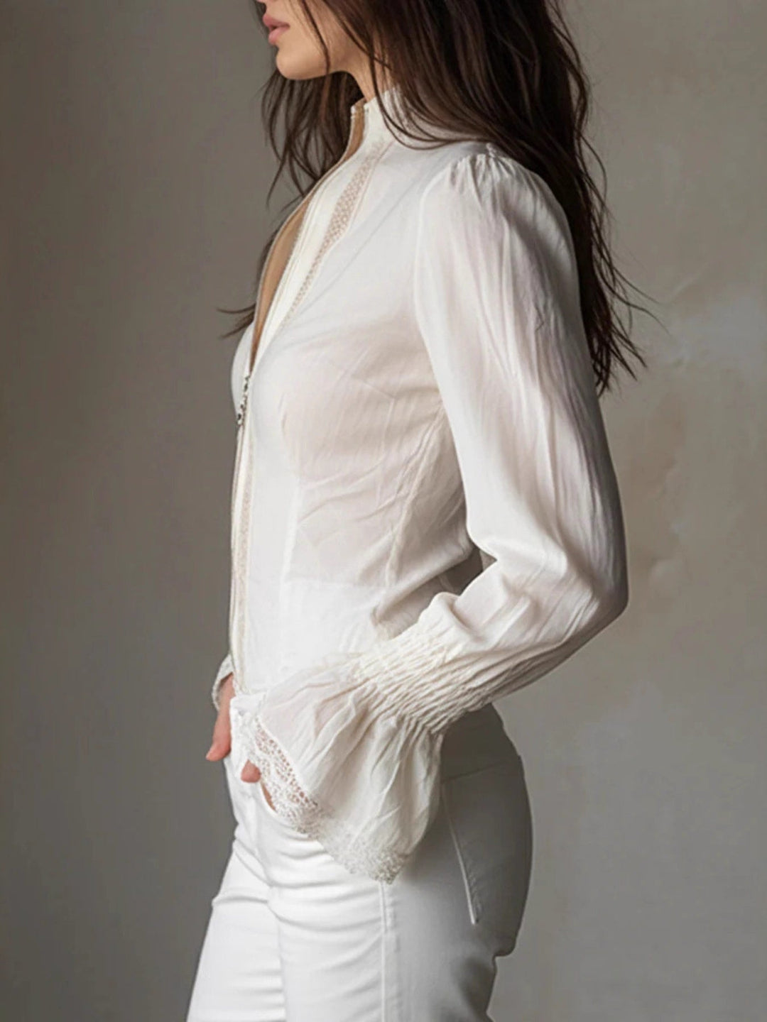 Lace Trim Zip-Up Shirt
