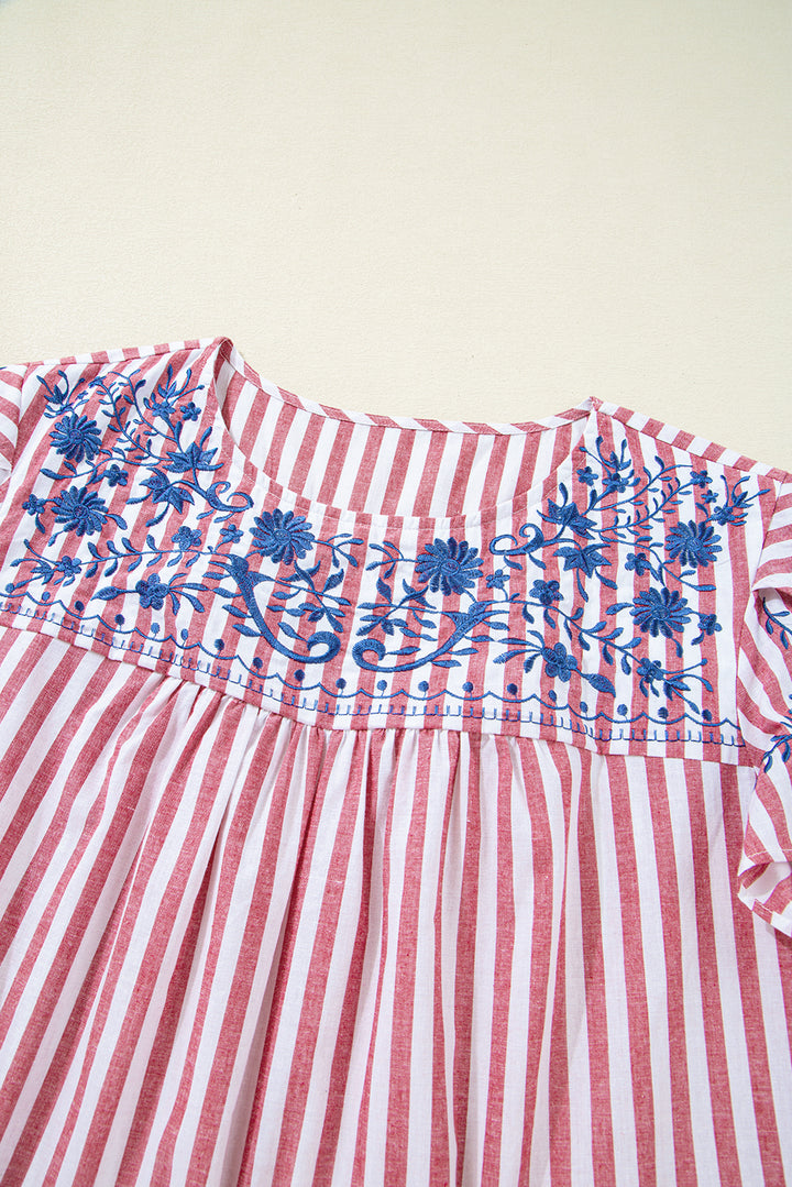 Red Stripe Plus Size Floral Embroidered Petal Sleeve Blouse
