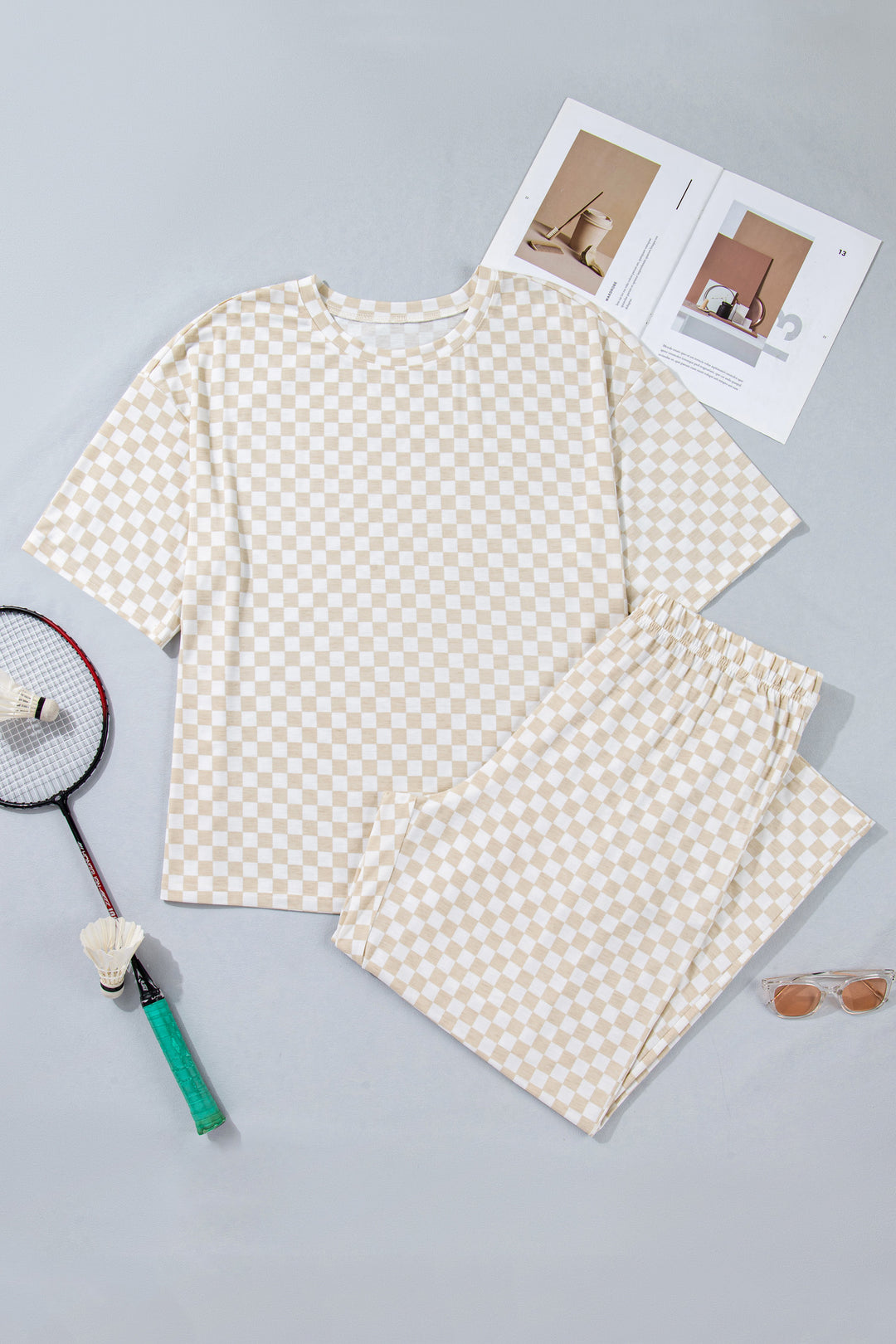 Khaki Plus Size Checkered Print Half Sleeve Tee Loose Pants Two-piece Lounge Set