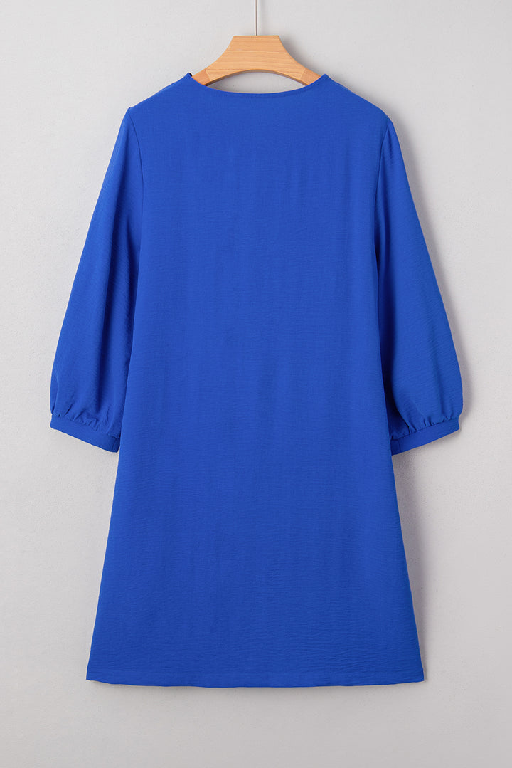 Sky Blue Frilled V Neck Bracelet Sleeve Shift Mini Dress
