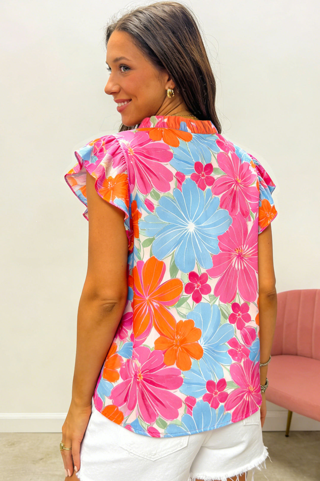 Multicolour Vibrant Flower Printed Tie V Neck Ruffle Trim Sleeveless Blouse