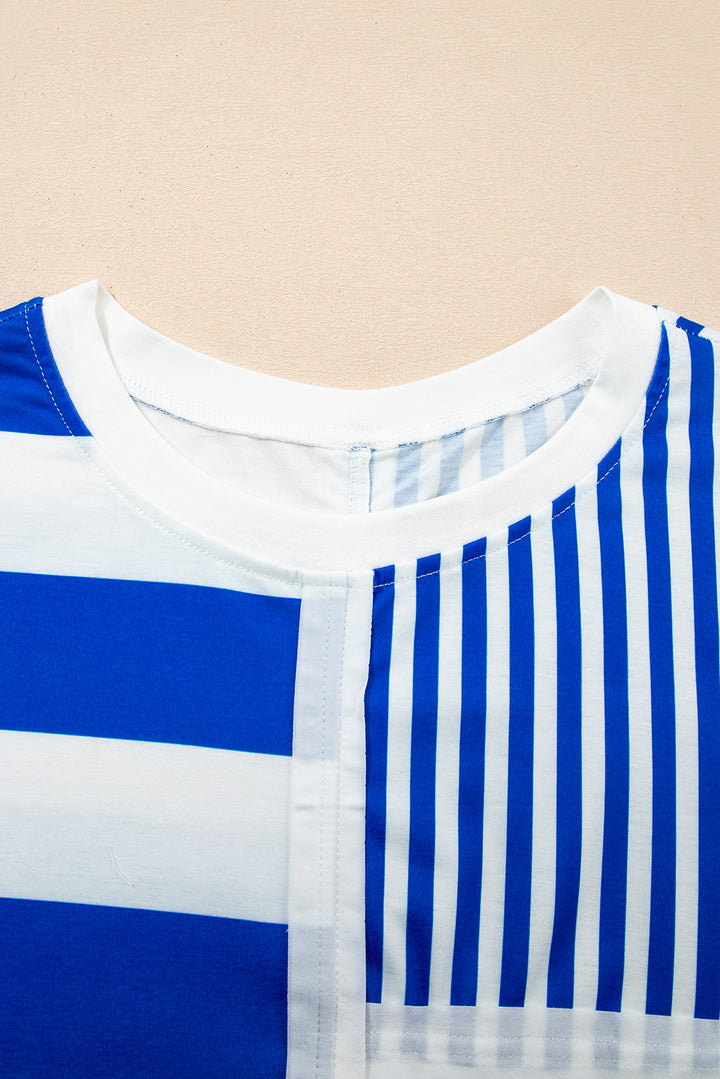 Blue Stripe Mixed Printed Short Sleeve Shift Mini T Shirt Dress