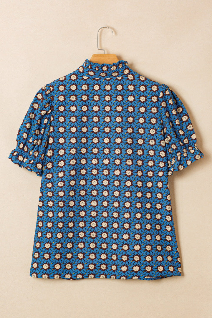 Floral Print V Neck Pleated Detail Short Puff Sleeve Blouse