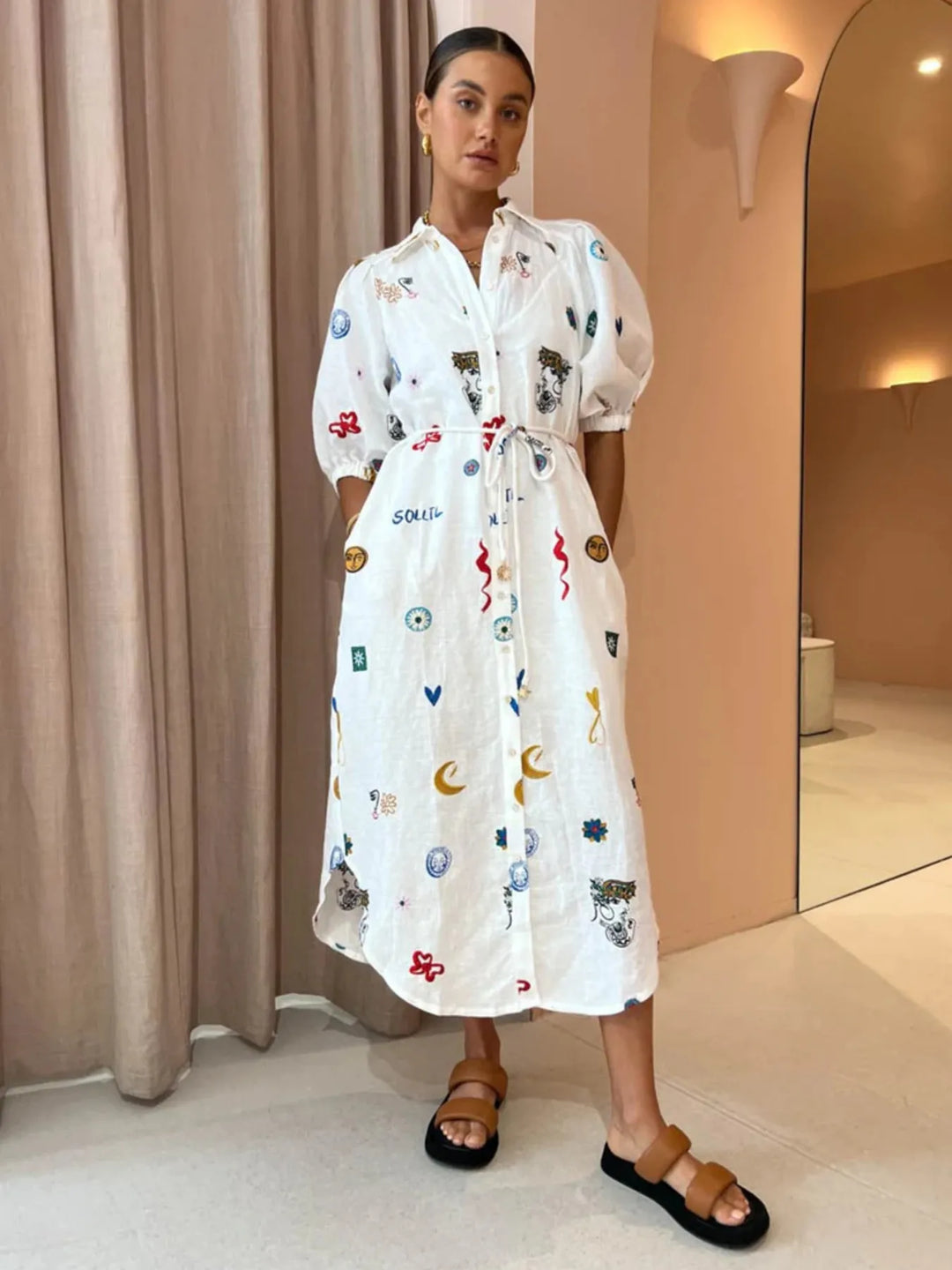 Printed Button Up Midi Shirt Dress
