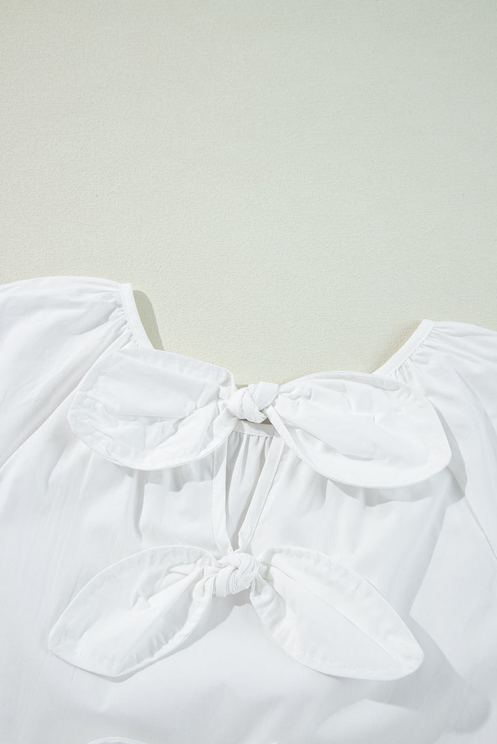 White Bow Knot Cutout Back Loose Fit 3/4 Sleeve Blouse