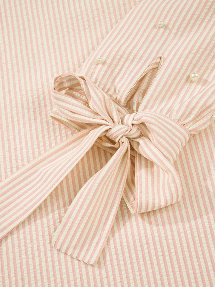 Stripe Bow Knot Cuff Pearl Embellished Puff Sleeve V Neck Blouse