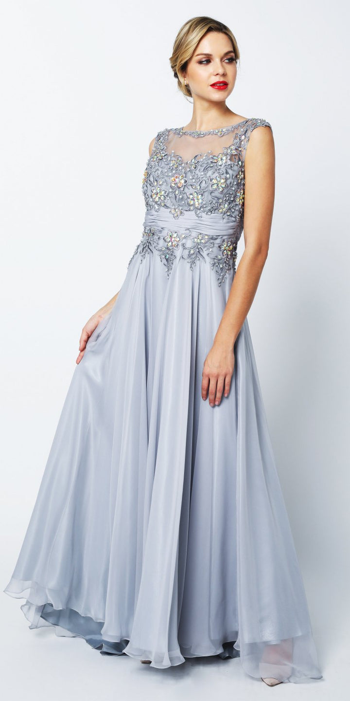 CLEARANCE - Juliet 552 Long Jewel Neckline Studded Bodice Silver A-Line Gown (Size M)