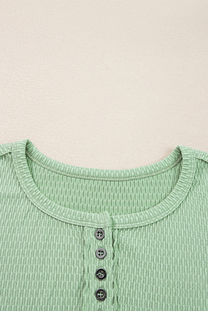 Meadow Mist Green Textured Knit Drop Shoulder Color Block Detail Long Sleeve Henley Top