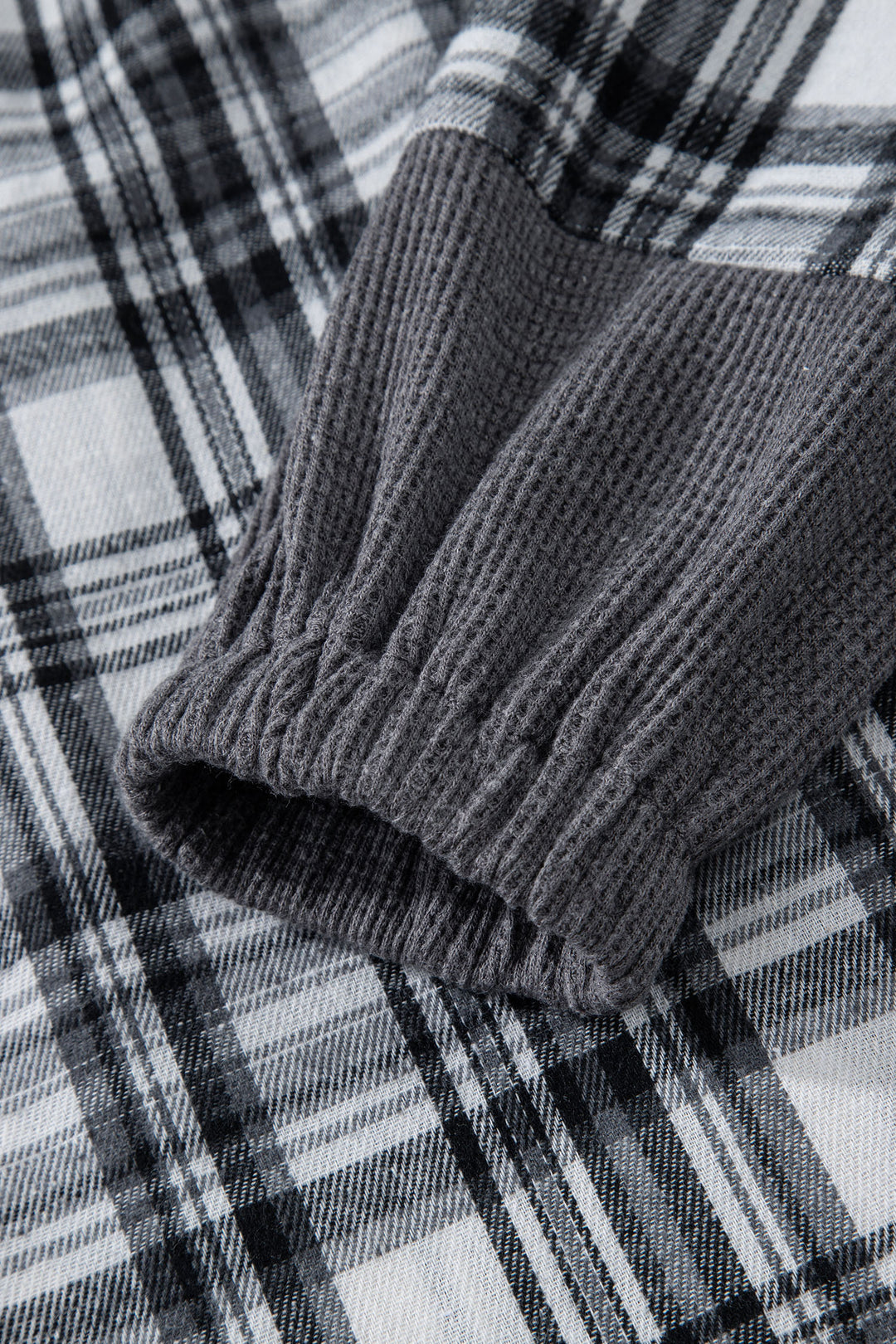 Gray Plaid Patchwork Long Sleeve Button Hooded Blouse