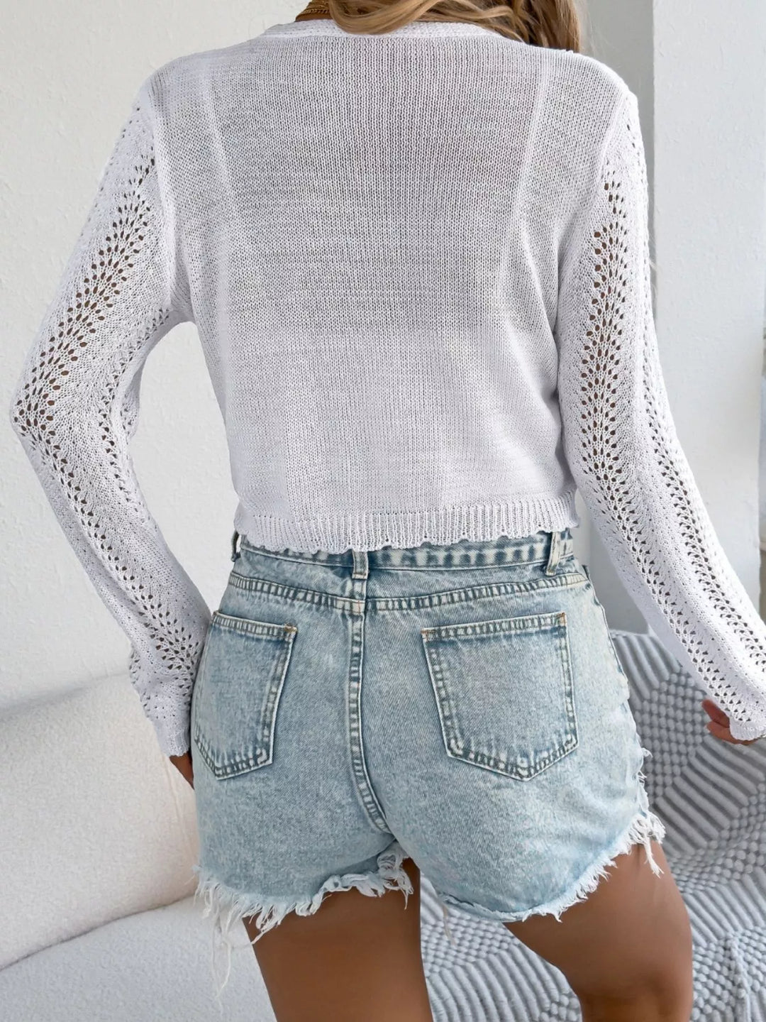 Crochet Knit Tie Front Cropped Cardigan