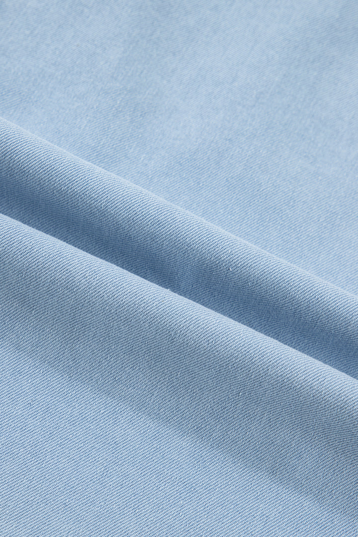 Beau Blue Ruffled Edge Collared Shift Denim Dress with Pockets