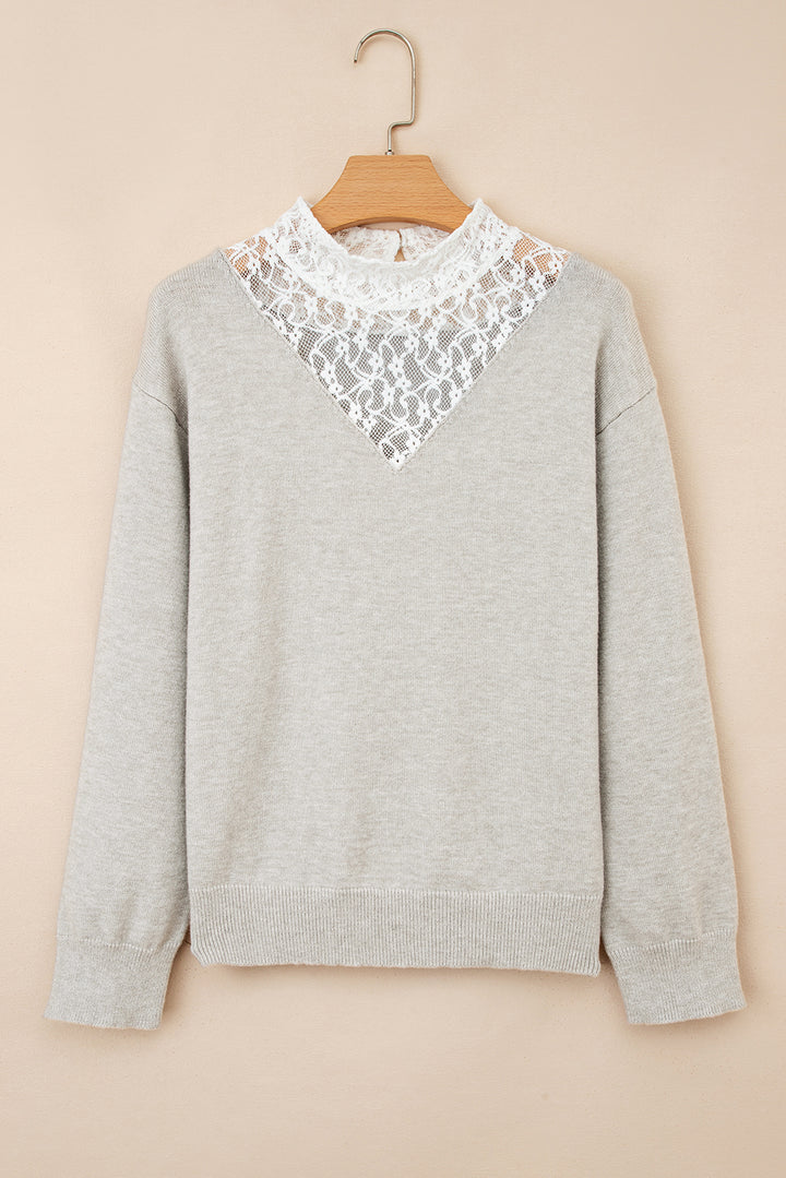 Light Grey Button Keyhole Lace Patchwork Drop Shoulder Sweater