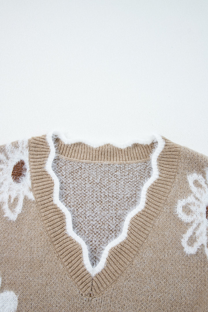 Smoke Gray Plush Flower Pattern Scalloped Trim V Neck Sweater