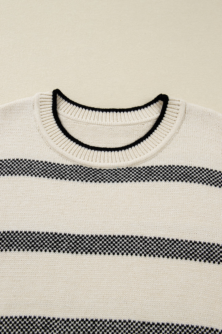 Apricot Stripe Wide Sleeve Drop Shoulder Crew Neck Plus Sweater