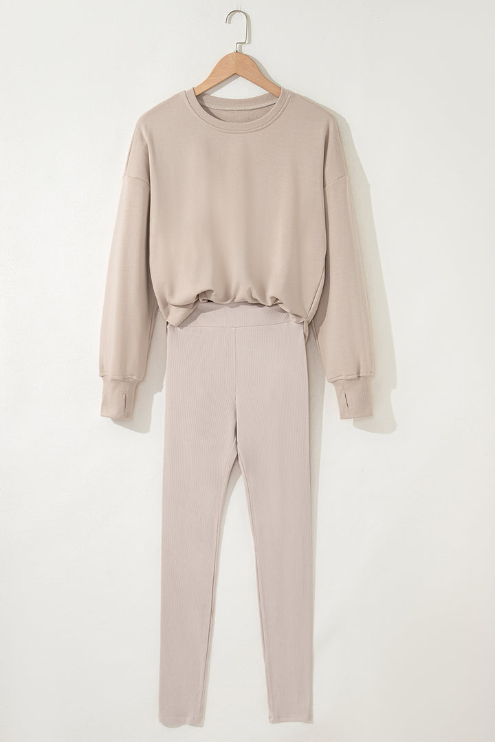 Jet Stream Solid Color Oversize Slit Sweatshirt Ribbed Leggings 2pcs Set