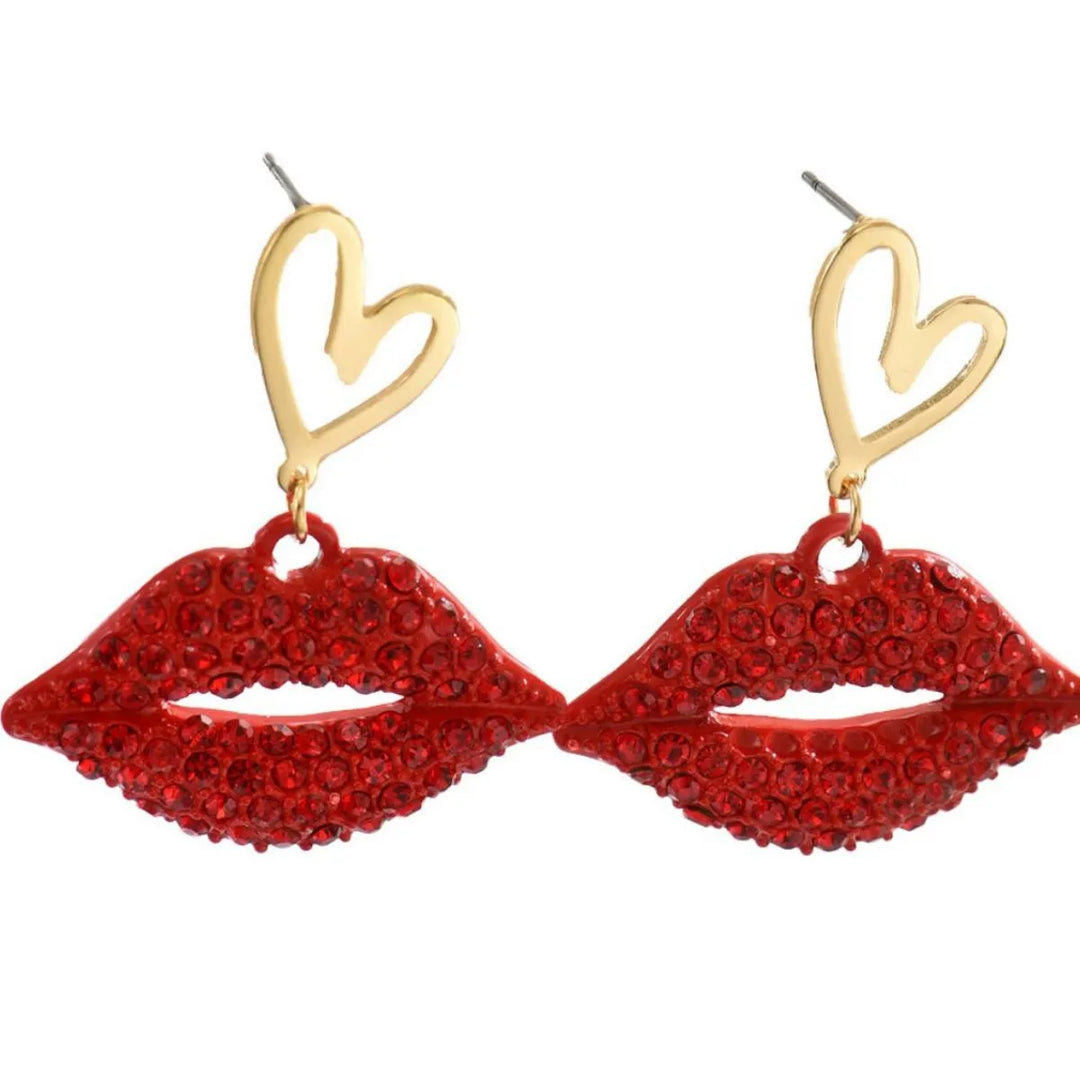 18K Gold-Plated Rhinestone Lips Heart Dangle Earrings