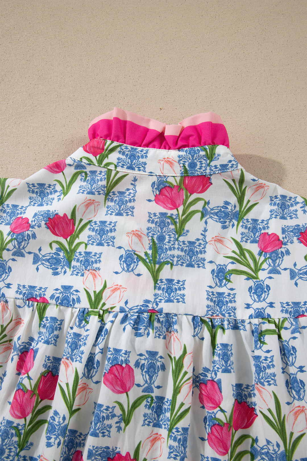 Rose Floral Print Color Block Striped Trim Flutter Sleeve Half Button Blouse