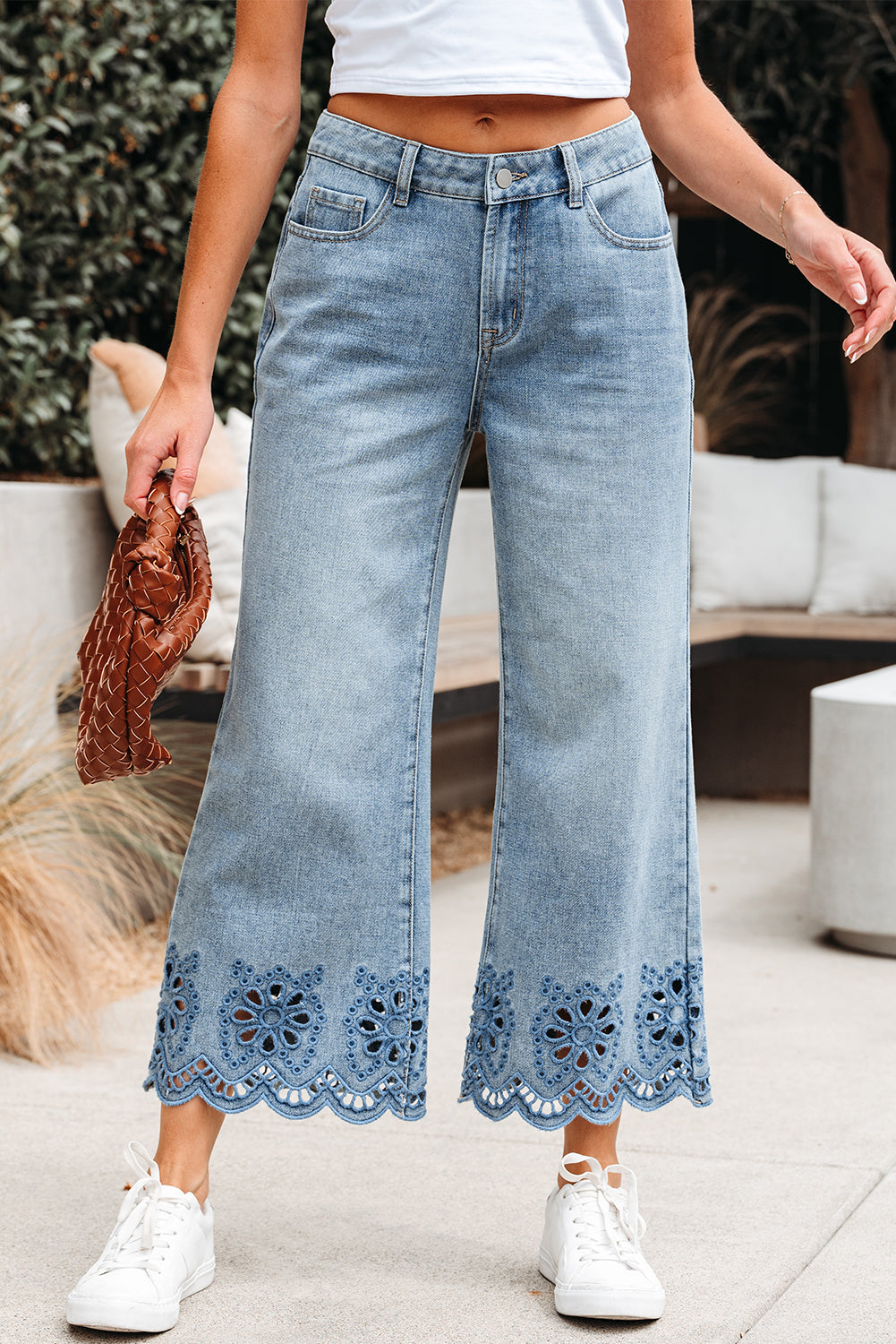 Dusk Blue Embroidered Cropped Wide Leg High Waist Jeans