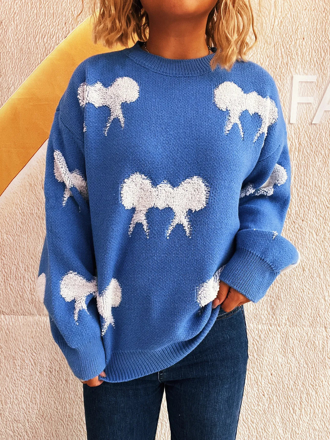 Bow Pattern Round Neck Sweater