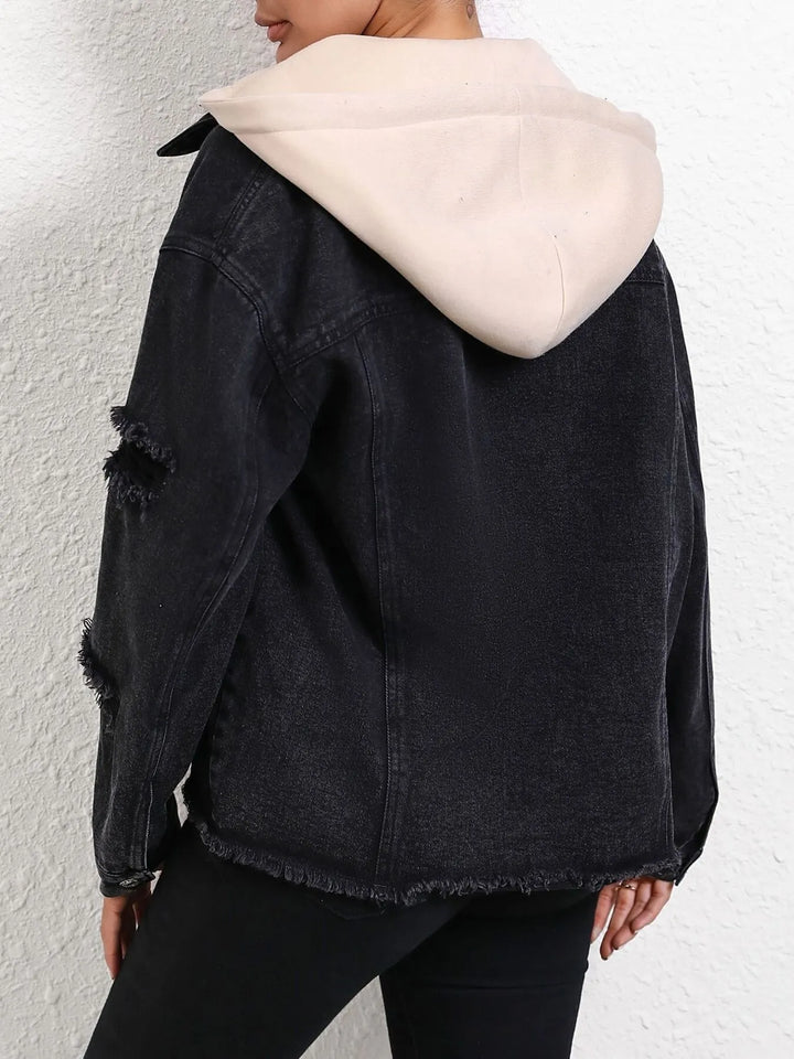 Distressed Drawstring Button Up Hooded Denim Jacket