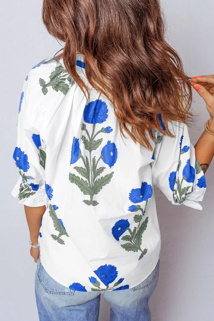 Floral Print Notched Ruffled Sleeve Blouse