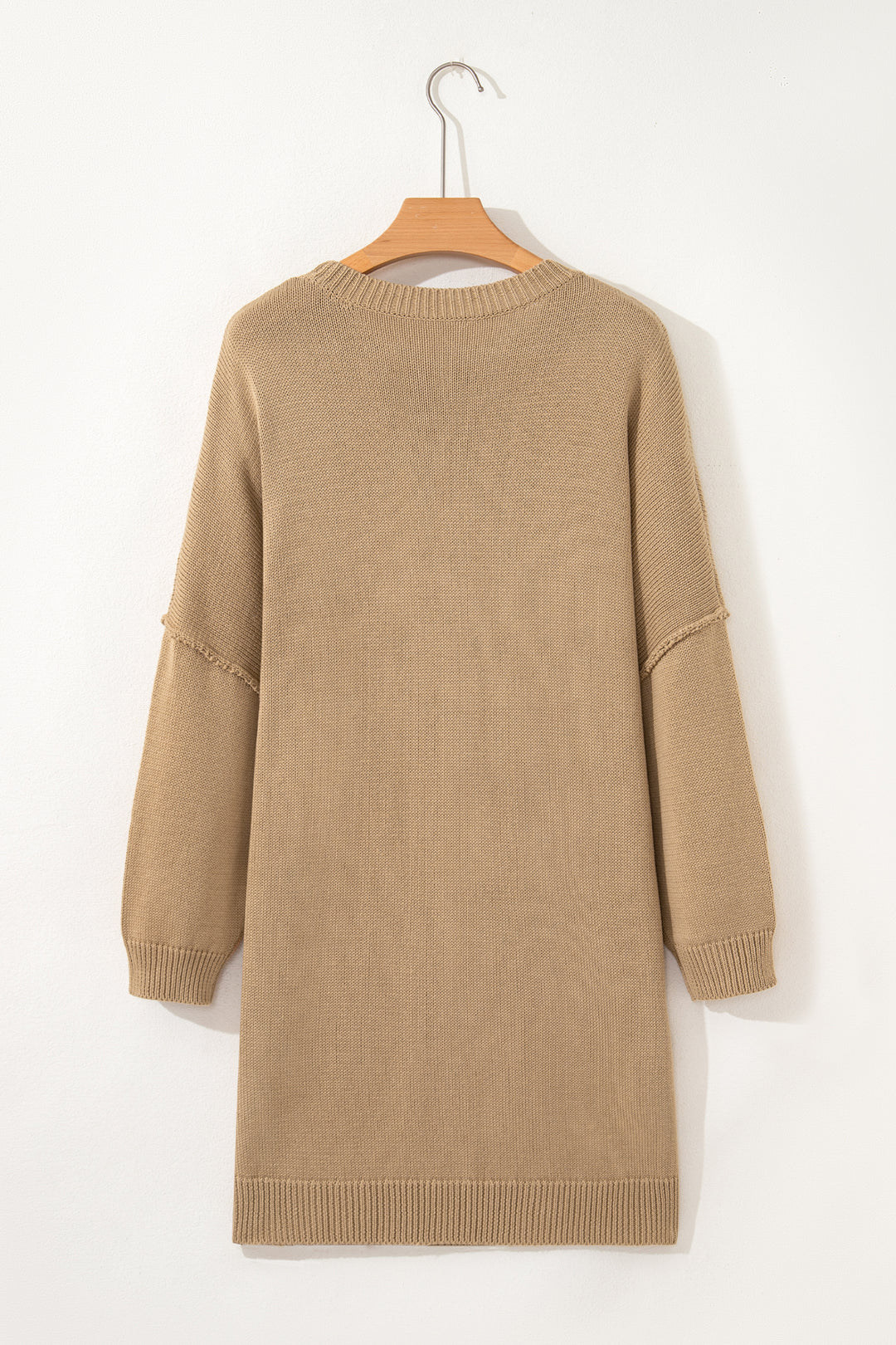 Pale Khaki Exposed Seam Drop Shoulder Oversize Sweater Mini Dress