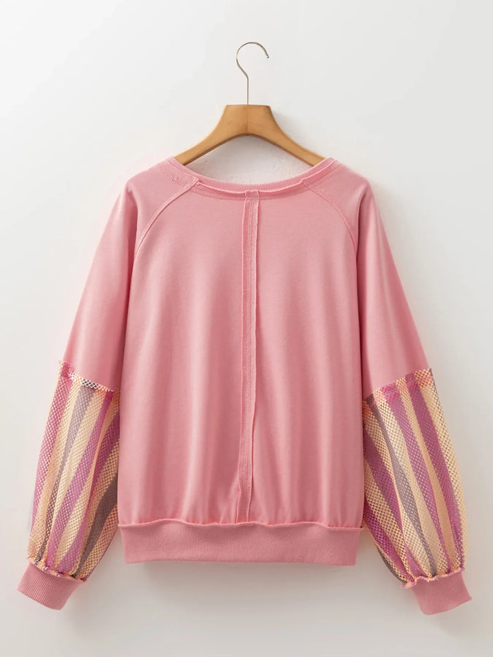 Striped Mesh Sleeve Patchwork Exposed Seam Top