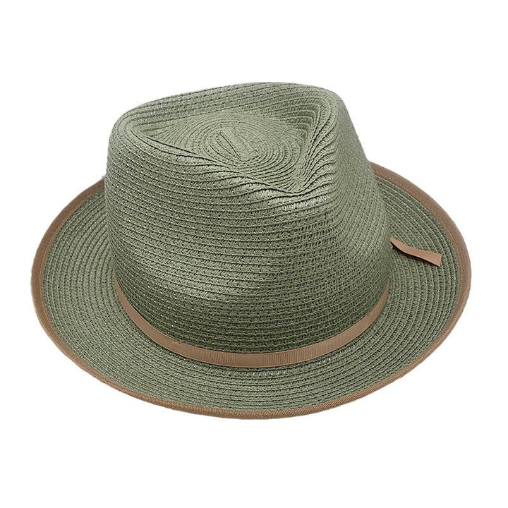 Olive Green Rolled-brim Straw Hat With Bow For Sun Protection Artistic Style For Men And Women