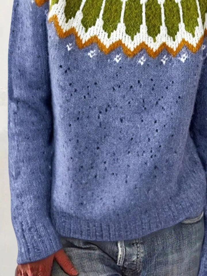Full Size Vintage Patterned Round Neck Sweater Plus Size